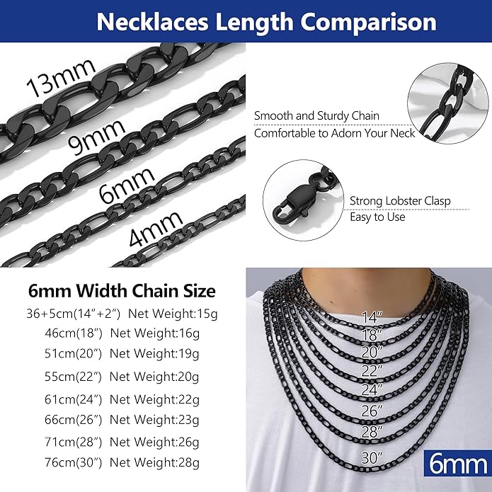 PROSTEEL 316L Stainless Steel Figaro Cuban Chain Necklace for Men, Black/18K Real Gold Plated, 4/5/6/7.5/9/10/13mm, 14inch-30inch, Come with Box