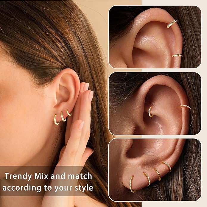 DORANA Valentines Day Gift 3 Pairs 925 Sterling Silver Earrings for Women Girls Non Tarnish Small Hypoallergenic Huggie Hoops Cartilage Stack Earring Sets for Multiple Piercing