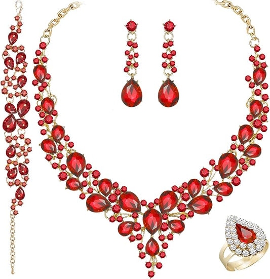 Paxuan Crystal Bridal Wedding Jewelry Sets for Women Rhinestone Teardrop Crystal Statement Choker Necklace Drop Earrings Link Bracelets Rings Teardrop Jewelry Set for Brides Bridesmaids