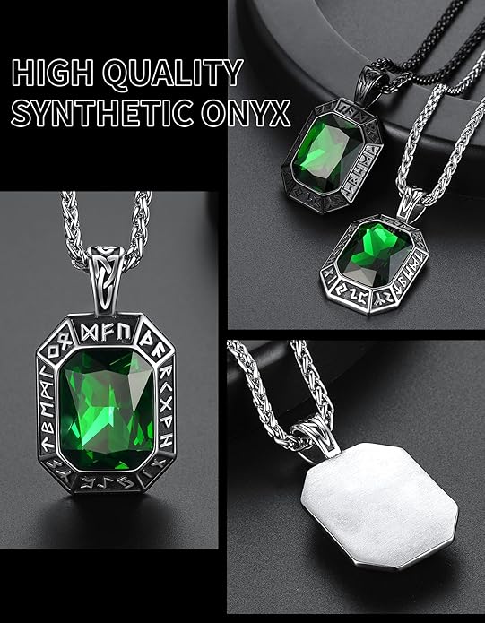 ChainsHouse Viking Rune Pendant Necklace for Men Women, Punk Biker Black Metal/316L Stainless Steel Onyx Norse Vintage Amulet Necklaces with Black/Red/Green/Blue Gemstone, Send Gift Box