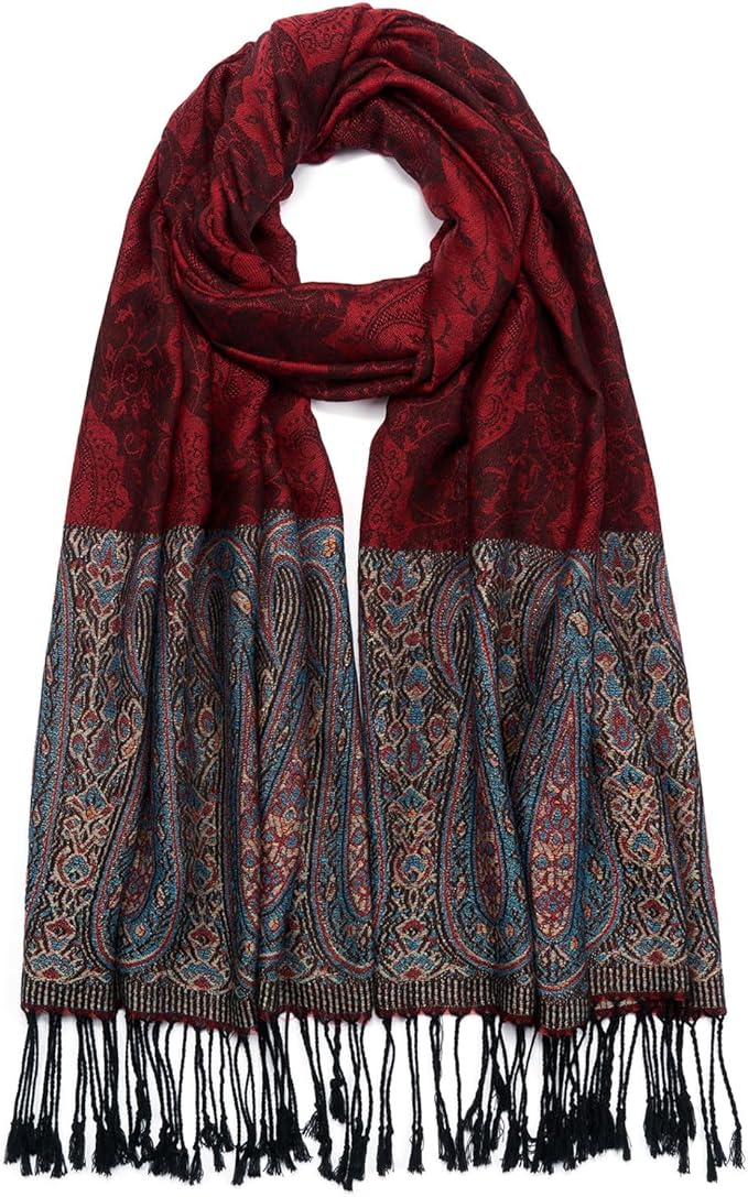 QIUTIMIY Paisley Pashmina Shawl Wrap Women Reversible Vintage Jacquard Pashmina Rave Scarf with Fringe for Evening, Wedding
