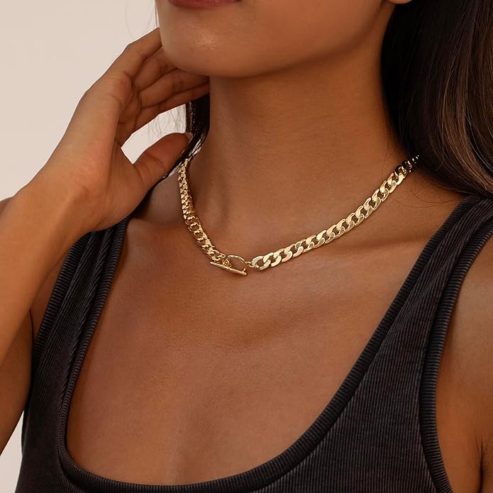 Moodear Layered Necklace for Women Trendy Chunky 14K Gold Plated/Sliver Plated Chain Necklace Cuban Link Paperclip Chain Toggle Clasp Necklace Fashion Jewelry
