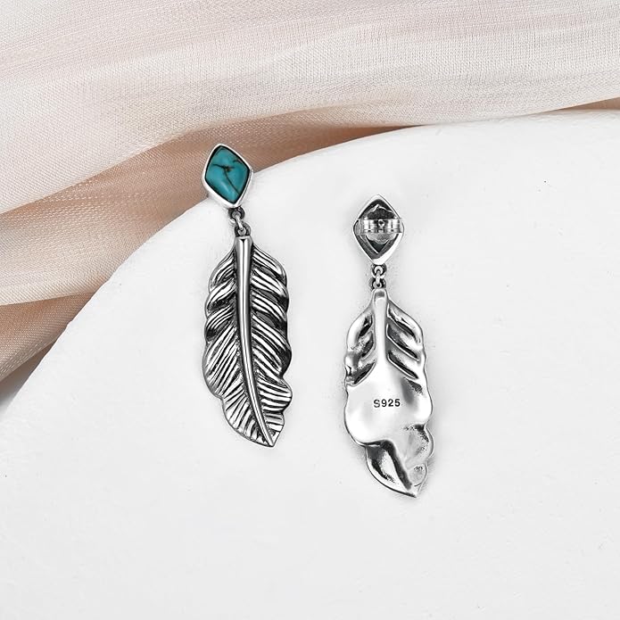 Genuine Turquoise Leaf Earrings, Sterling Silver Dangle Drop Vintage Boho Feather Earrings Birthday Gift for Women
