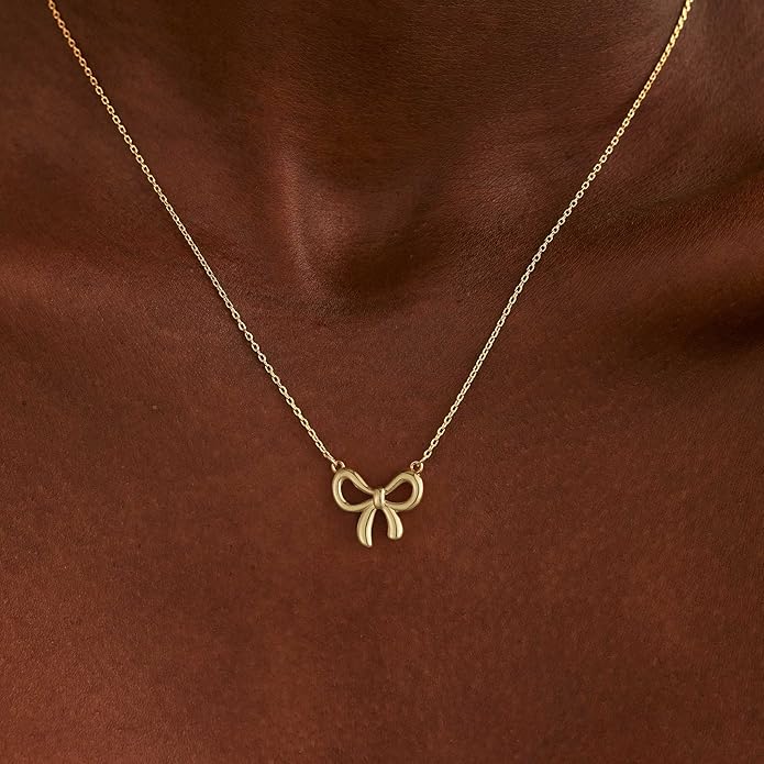 Gold Necklace for Women Dainty Bow Necklace 14K Gold Plated Cute Choker Necklace Small Bow Pendant Charm Necklaces Teen Gift Trendy Stuff Personalized Jewelry Gifts