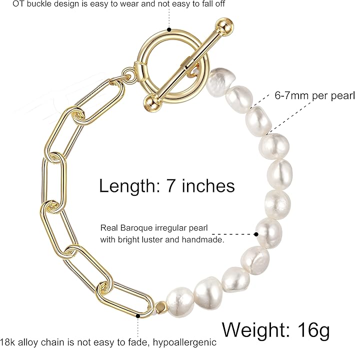 Cowlyn Pearl Bracelets for Women - Dainty 14K Gold Plated Beaded Pearl Link Chain Birthday Christmas Jewelry Gifts for Women