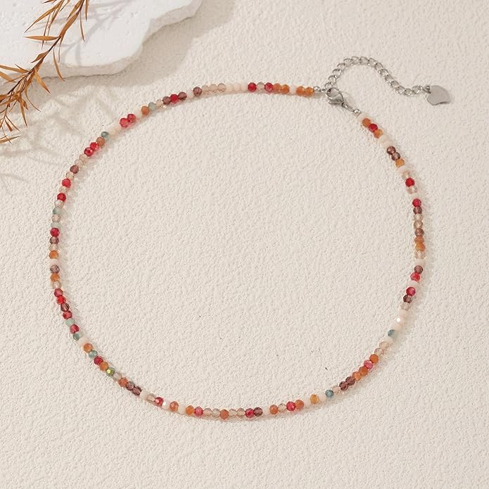 JSJOY Tiny Crystal Beaded Choker Necklaces for Women Colorful Beaded Necklace Dainty Choker Necklaces Simple Boho Jewelry Gifts for Teens Handmade Bead Necklaces Gifts