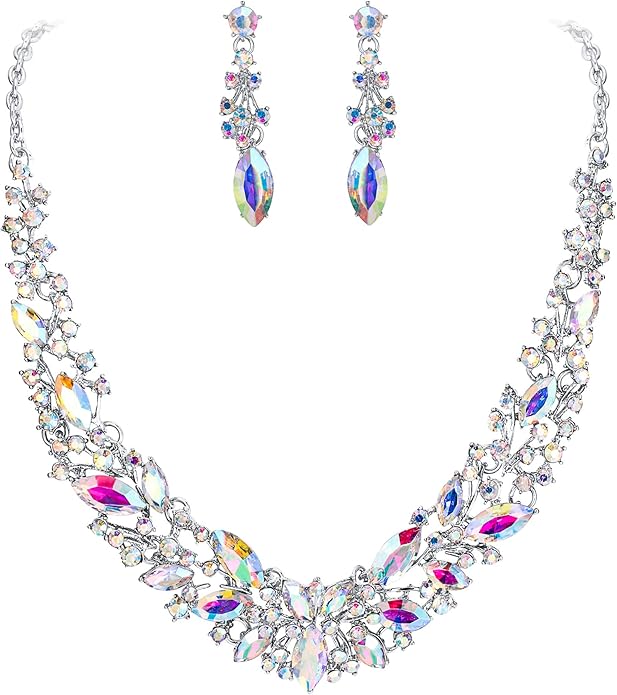 BriLove Women's Wedding Bridal Austrian Crystal Marquise Cluster Collar Necklace Dangle Earrings Set