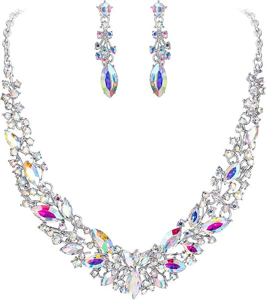 BriLove Women's Wedding Bridal Austrian Crystal Marquise Cluster Collar Necklace Dangle Earrings Set