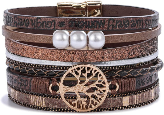 FANCY SHINY Tree of Life Leather Wrap Bracelet Inspirational Cuff Bangles Boho Pearl Bracelets with Magnetic Clasp Unique Jewelry Gifts for Women