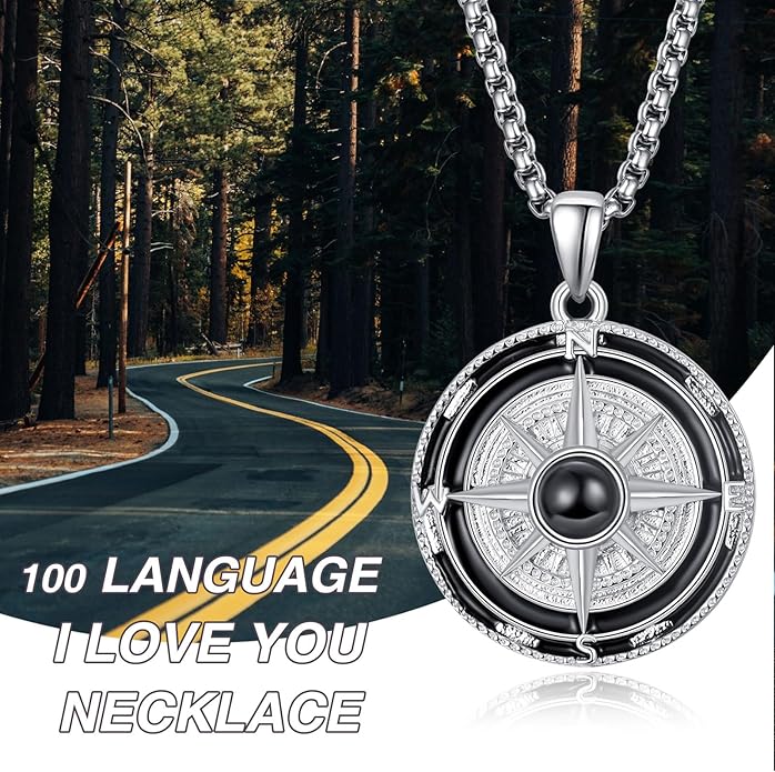 KINGWHYTE Compass Necklace for Men 925 Sterling Silver Birthday Gifts Graduation Travel Jewelry for Husband Brother with Stainless Steel Chain