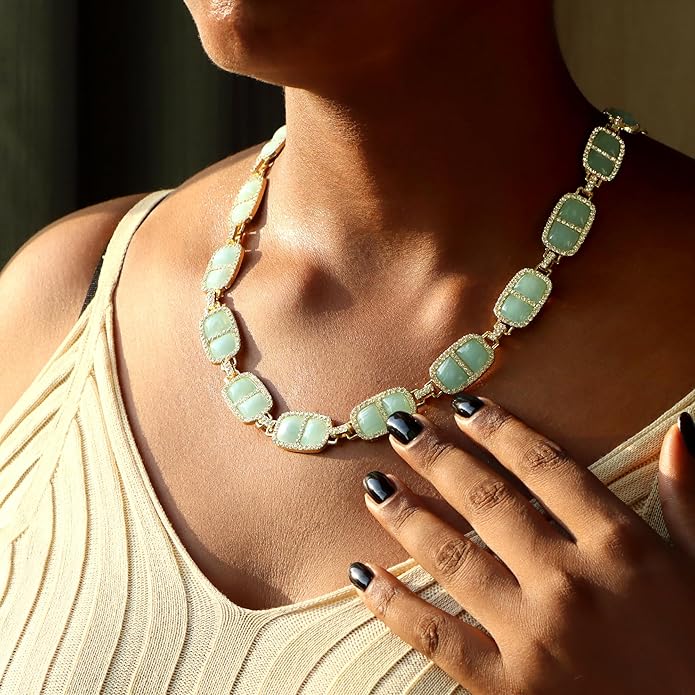 Chunky Necklace for Women 12 Colors Diamond Stone Gold Statement Necklace for Women Full Trendy Blue Birthstone Choker Necklace for Women Square Design Necklace Jewelry