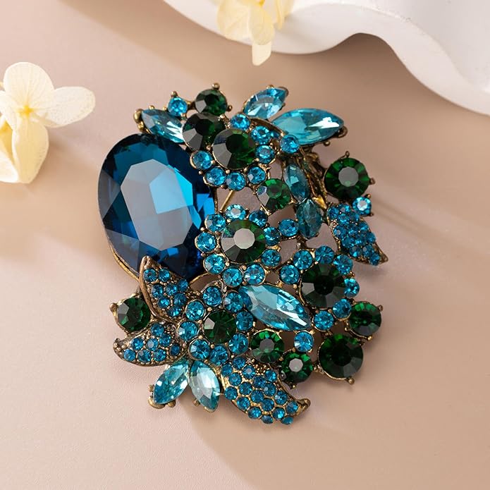 SELOVO Rhinestone Glitter Flower Brooch Pin Jewelry Scarf Accessory Vintage Gold Tone