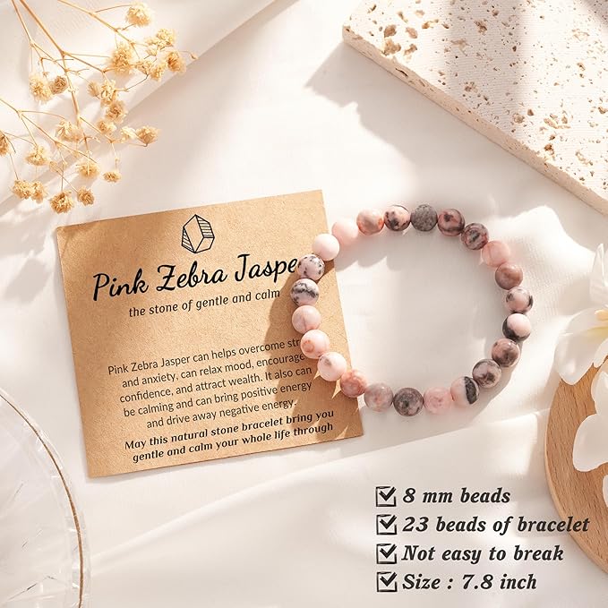 Seyaa Bracelet for Women, Pink Zebra Jasper Bracelet, Birthday Valentines Day Gift for Her Teen, Natural Crystal Stone