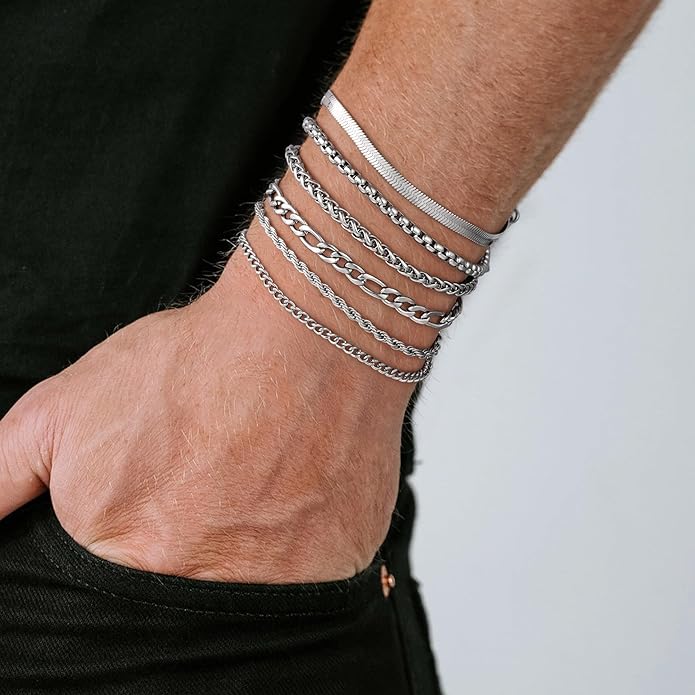 Yoosteel Mens Bracelets - Silver Chain Bracelet Stainless Steel Cuban Link Stack Bracelets Sturdy Rope Paperclip Chains Set 7.5/8.3/9 inches Trendy Jewelry for Men