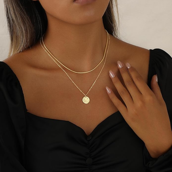 Layered Necklaces for Women 14K Gold Plated Stack Circle Pendant Trendy Long Chain Stackable Handmade Coin Necklace Set Dainty Gold Stacked Jewelry Gifts