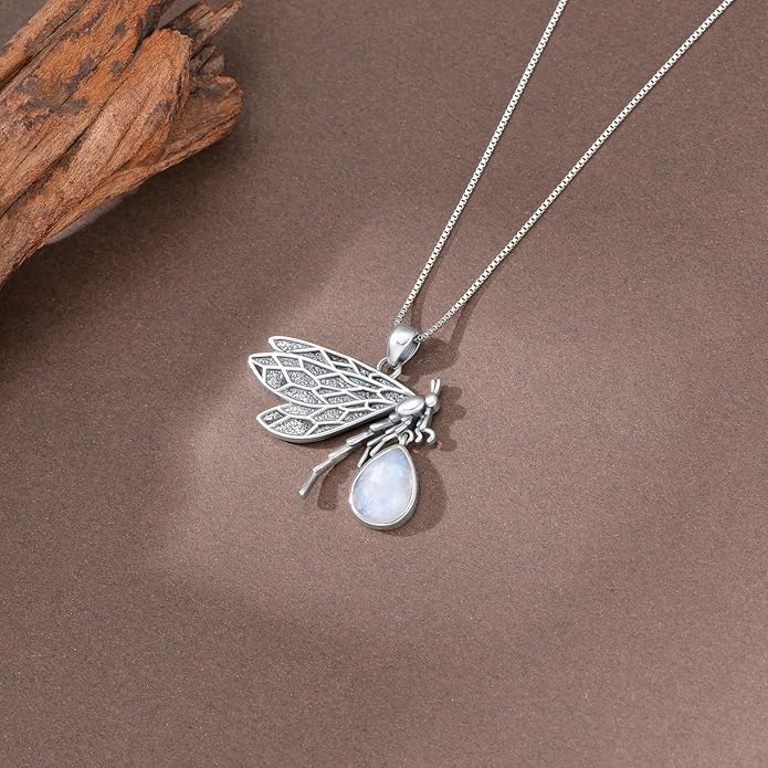 Vintage Dragonfly Necklace 925 Sterling Silver Genuine Moonstone Pendant Mystical Boho Jewelry Birthday Gift for Women