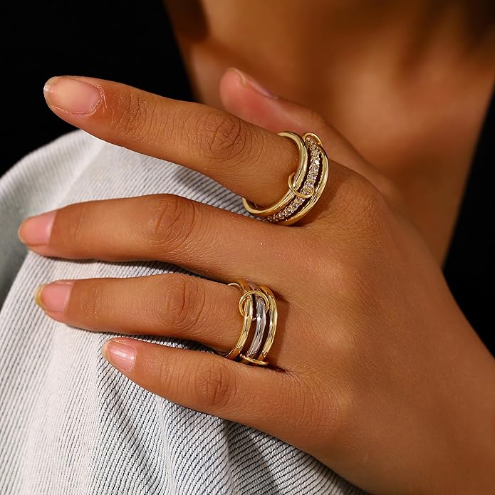 Canboer 14K Gold Plated Interlocked Stackable Rings for Women Non Tarnish,Gold and Silver Cubic Zirconia Statement Rings Set,Mixed Metals Ring Two-Toned Connected Bands Stacking Jewelry