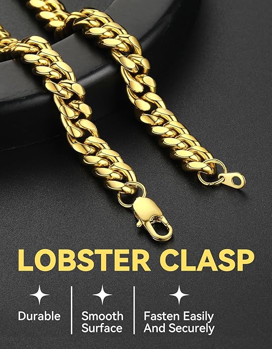 ChainsHouse Miami Cuban Link Chain Necklace for Men, 4.8mm/6mm/10mm/14mm Width, 14K Gold Plated/Stainless Steel/Black Mens Chunky Hip Hop Necklace Curb Chains, 14"-30" Length, Come Gift Box