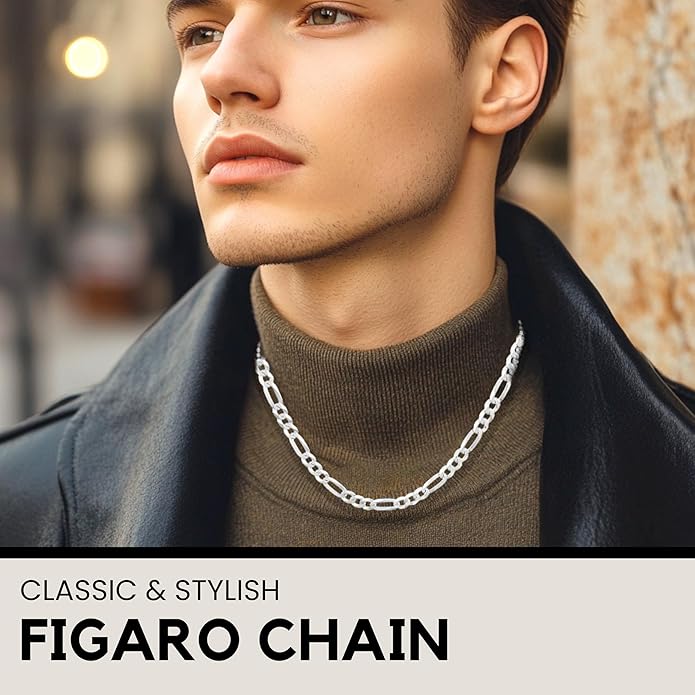 KISPER 925 Sterling Silver Figaro Chain for Men - 5mm Diamond Cut Italian Necklace, Mens Sterling Silver Necklace with Lobster Clasp, Made in Italy
