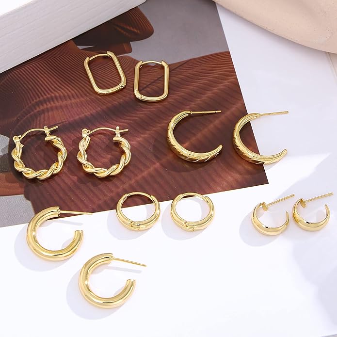 Hoop Earrings Set for Women, 6 Pairs 14K Gold Plated Lightweight Hypoallergenic Chunky Open Twisted Hoops Earrings Pack Jewelry