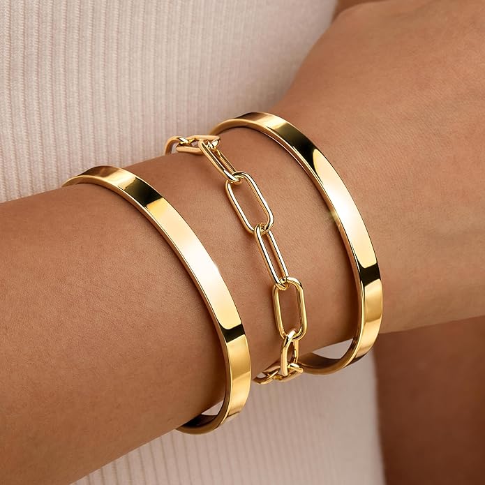 Silver Bracelets for Women Stack, Silver or Gold Plated Cuff Bangle Set, Trendy Silver Jewelry for Women Fashion