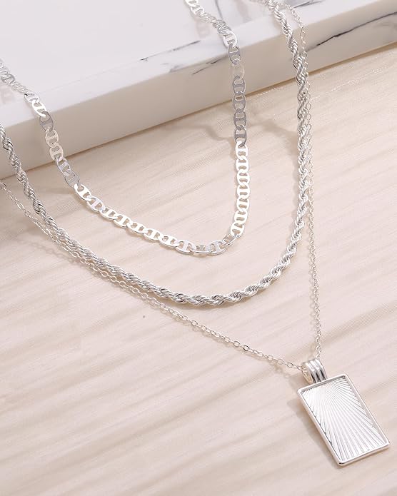 Layered Gold Silver Necklace for Women Non Tarnish,Dainty Choker Statement Chunky Necklace Stack Charm Pendant Chain Necklace Set 14K Gold Plated Long Stacked Womens Necklaces Trendy Jewelry Gift
