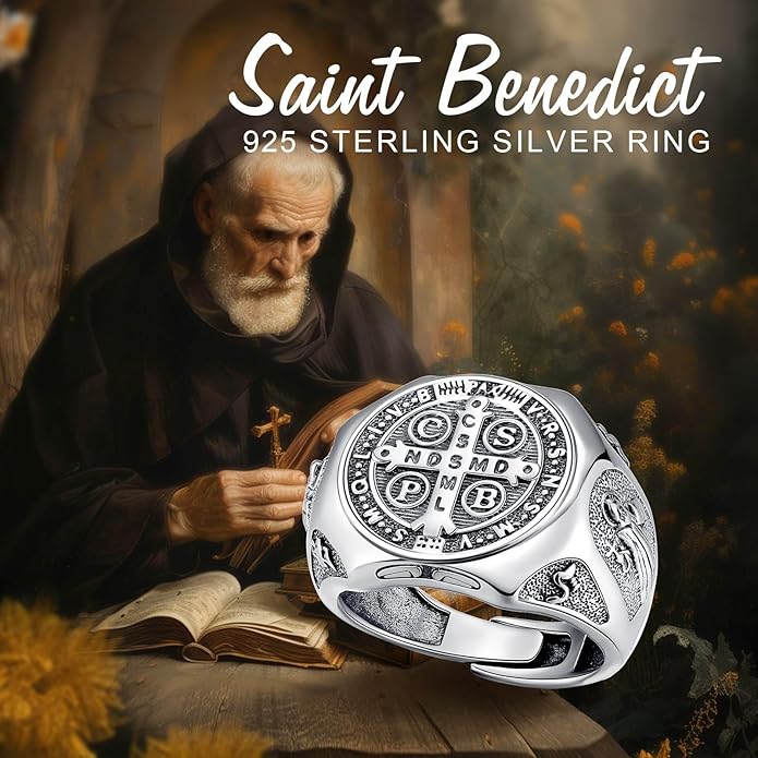 EUDORA S925 Sterling Silver St Benedict Ring San Benito Rings for Women Men, Vintage Ankh Cross Ring Saint Benedict Amulet Adjustable Rings Gifts for Women Mens Father Mother