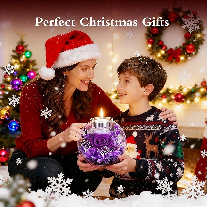 Forever Real Roses in Glass with Scented Candle, Christmas Gift Ideas Preserved Flower Christmas Gifts for Women Her Girlfriend Wife Mom on Valentines Birthday Anniversary Purple