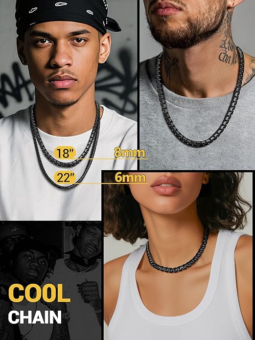 PROSTEEL Stylish Stainless Steel Round Link Chain Necklace for Men, 2mm/4mm/6mm/8mm. Silver/Gold/Black Tone, Hypoallergenic Jewelry, 14"-30", Come with Box