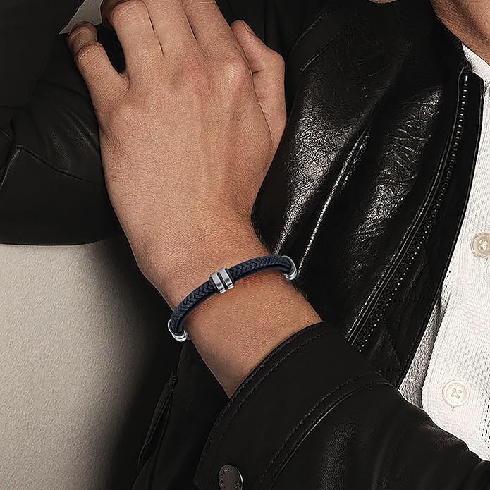 Leather Bracelet for Men with Adjustable Stainless Steel Magnetic Clasp Multi-Layer Braided Mens Leather Bracelet