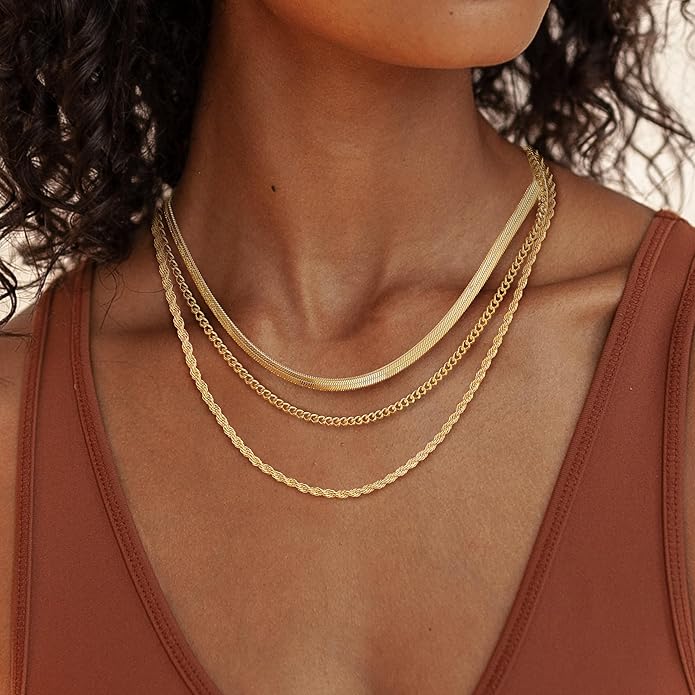 Layered Necklaces for Women, Dainty 14K Gold Plated Herringbone Chain Necklace Set Chunky Gold Necklace Stack Layering Choker Necklaces for Women Trendy Fashion Waterproof Jewelry