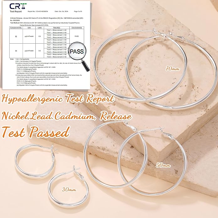 PABBEU S925 SterlingSilver Hoop Earrings Hypoallergenic Silver Hoop Earrings for Women Lightweight Large Sterling Silver Hoops Earring 30/50/70mm
