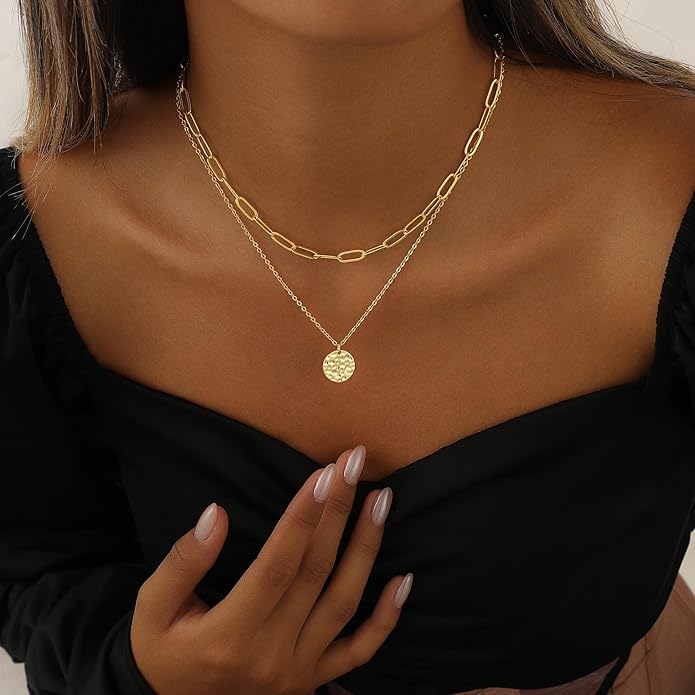 Layered Necklaces for Women 14K Gold Plated Stack Circle Pendant Trendy Long Chain Stackable Handmade Coin Necklace Set Dainty Gold Stacked Jewelry Gifts
