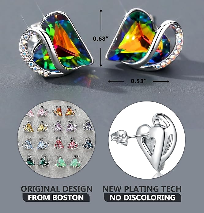 Earrings for Women, Mothers Day Gift for Mom, Heart Birthstone Crystal Stud Earring, Silver Plated Birthday Jewelry