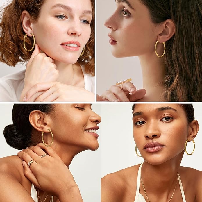 2MM Thin Gold Hoop Earrings Sterling Silver Post Hoop Earrings For Women Diamond-Cut Gold Hoops Earrings 14K Gold Plated Hoops Earrings Lightweight Hypoallergenic Oversize Gold Earrings For Women