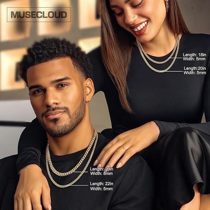 MUSECLOUD Gold Cuban Link Chain for Men Mens Stainless Steel Miami Curb Chains Necklace 5/8mm Thick Real Gold/Silver/Black Plated Diamond Cut Non-Tarnish Jewelry Trendy Christmas Gifts 18-26 Inch
