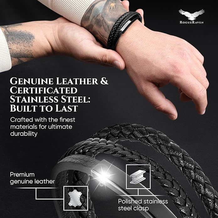 RogueRaven Black Leather Bracelet for Men – Premium Collection – Brown Black Gold Silver | Genuine Leather Mens Bracelet with Stainless Steel Clasp [Adjustable] | In Luxury Gift Box