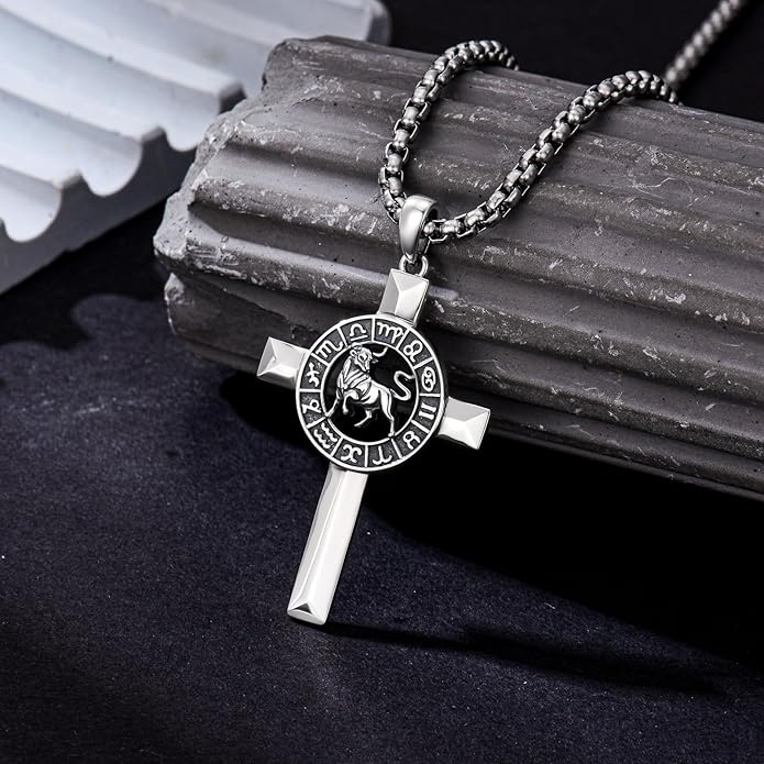 MEIDERBO Cross Zodiac Necklace 925 Sterling Silver 12 Constellation Horoscope Astrology Pendant Necklace Zodiac Sign Jewelry Gifts for Men Women