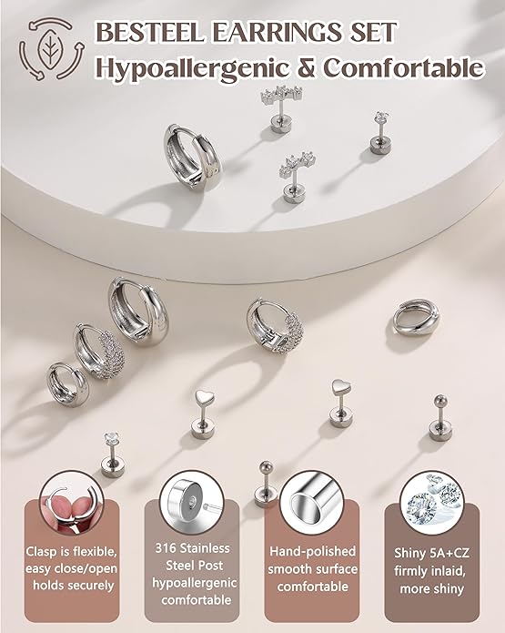 Hypoallergenic 14K Gold Plated Hoop Stud Earrings for Women Surgical Stainless Steel Flat Back Earrings Lightweight Small Chunky Huggie Hoops Cartilage Earring Stacks for Multiple Piercing Women Gifts