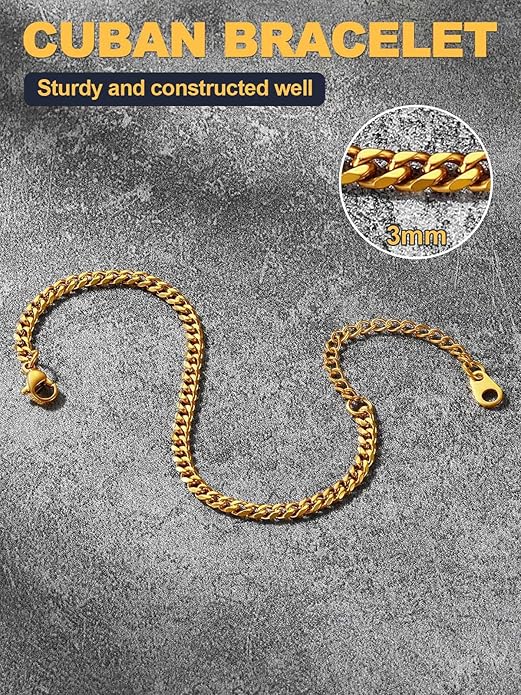 U7 Link Bracelets for Men, Cuban Link/Rope/Watch Band Solid Bracelet, Silver Black Gold Color Wrist Bracelet 3/6/9/12/15mm Width, 6.5/7.5/8.3 Inch Length, Hand Chain Jewelry for Mens Women