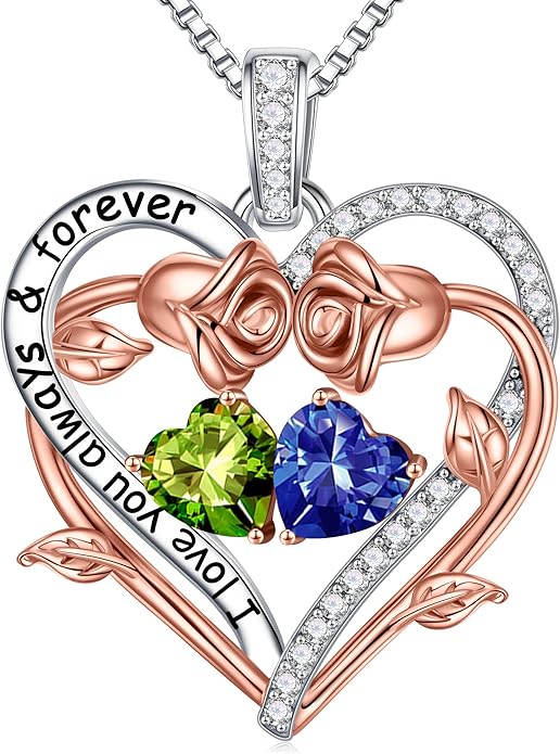 Iefil Rose Heart Double Birthstone Necklace Gifts for Wife Her Mom Women, Birthstone Jewelry Gemstone Birthday Gifts for Girlfriend Grandma Her Wife Women