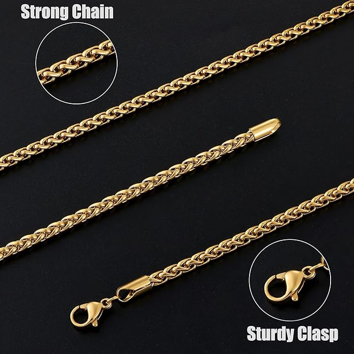 Fiusem Wheat Chains for Men and Women, 2/2.5/3/4/5mm Silver Tone/14K Gold Plated/Black Necklace Chain, Stainless Steel Mens Necklace 16-28 Inch