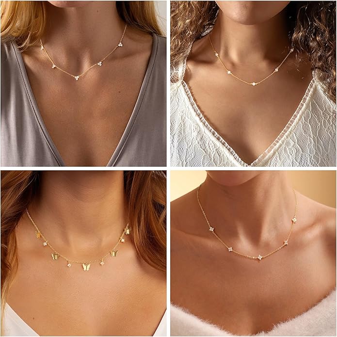 Yoosteel Dainty Gold-plated Clover Pearl Heart Butterfly Star flower Choker Necklace for Women - 14K Gold Plated Cubic Zirconia Pendant Station Necklaces for Women Teens Trendy Prom Jewelry Gifts