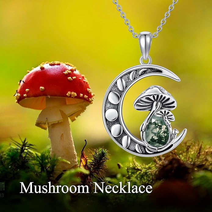 YAFEINI Mushroom Necklace Moonstone/Moss Agate/Malachite/Labradorite/Turquoise/Amber/Larimar/Black Onyx/Lapis Lazuli/Peridot/Opal Sterling Silver Mushroom Pendant Mother's Day Jewelry for Women Mom