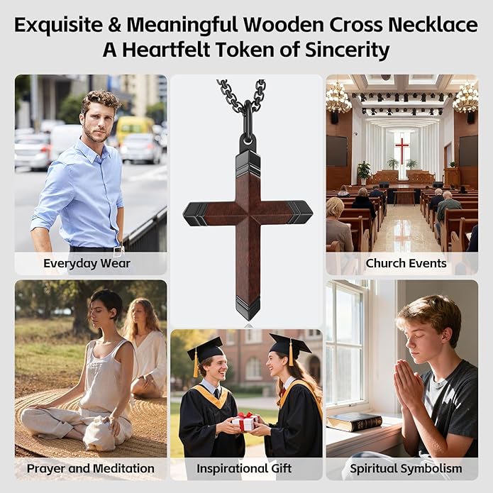 OOTDSE Wooden Cross Necklace for Men and Women 304L Stainless Steel Durable Snag-Free Box Chain with Reinforced Clasp Christian Gift for Dad/Son/Husband/Loves/Friends on Easter/Birthday/Father's Day