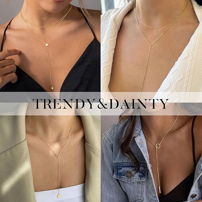 Yoosteel Long Lariat Necklace for Women - Dainty Y-Shaped Necklaces 14K-Gold-Plated Drop Chain Simple Jewelry Trendy Gifts for Women