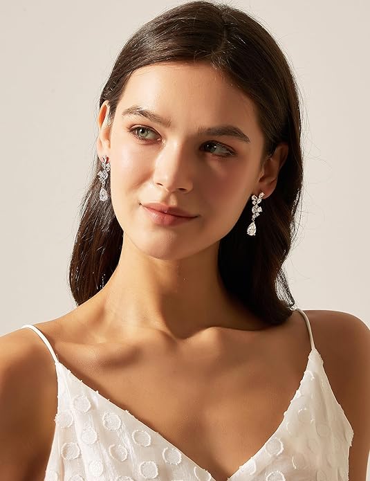 EAMTI Teardrop Wedding Earrings for Women Cubic Zirconia Dangle Bridal Earrings 925 Sterling Silver Post Pear Cut Earring for Prom Bridesmaid