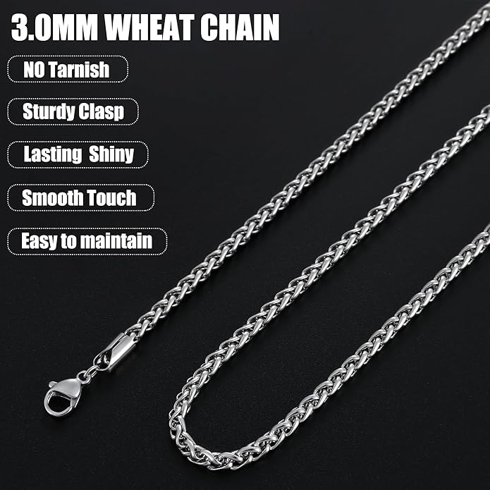 Fiusem Black Wheat Chains for Men and Women, 2/2.5/3/4/5mm Stainless Steel Necklace Chain, Mens Necklace Jewelry Gift 16-28 Inch