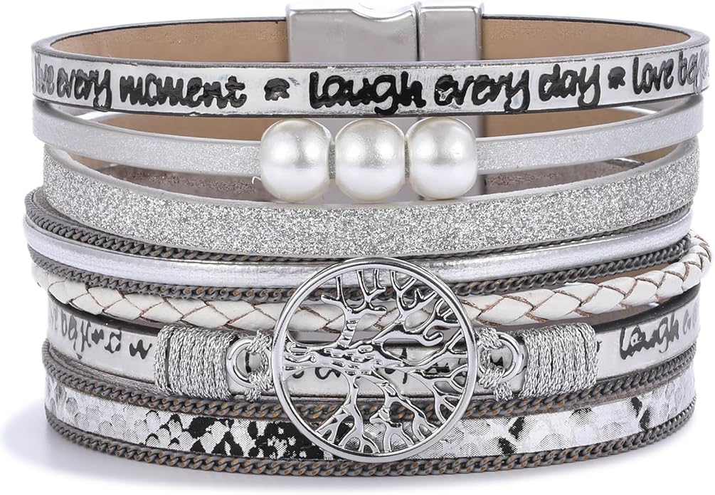 FANCY SHINY Tree of Life Leather Wrap Bracelet Inspirational Cuff Bangles Boho Pearl Bracelets with Magnetic Clasp Unique Jewelry Gifts for Women