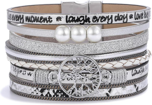 FANCY SHINY Tree of Life Leather Wrap Bracelet Inspirational Cuff Bangles Boho Pearl Bracelets with Magnetic Clasp Unique Jewelry Gifts for Women
